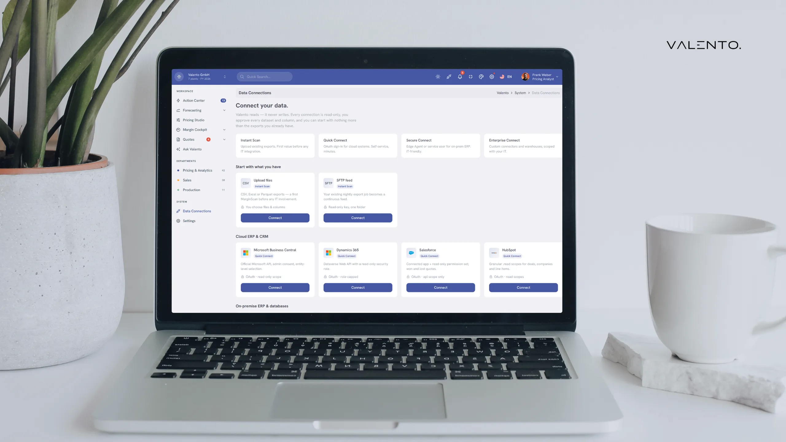 Data Connections in Valento: Datei-Upload und SFTP neben Konnektoren für Business Central, Dynamics 365, Salesforce und HubSpot — jeweils nur lesend.